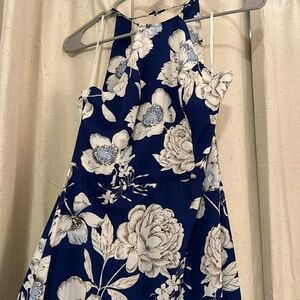 Lulu’s White and Royal Blue Floral Maxi Dress w/ Back Cutout